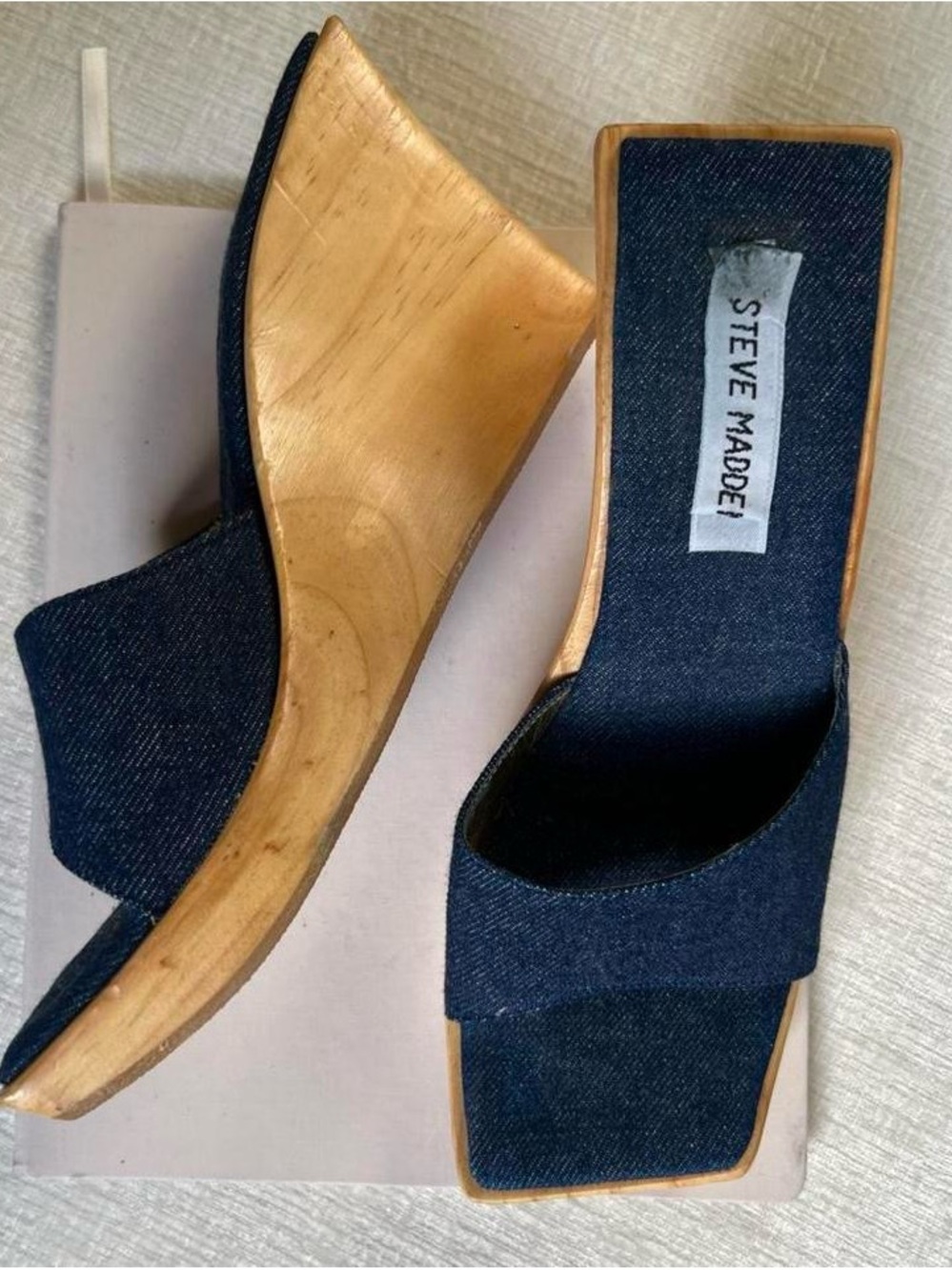 Rare Vintage Steve Madden Dark Blue Denim Wood-Effect Wedge Slides